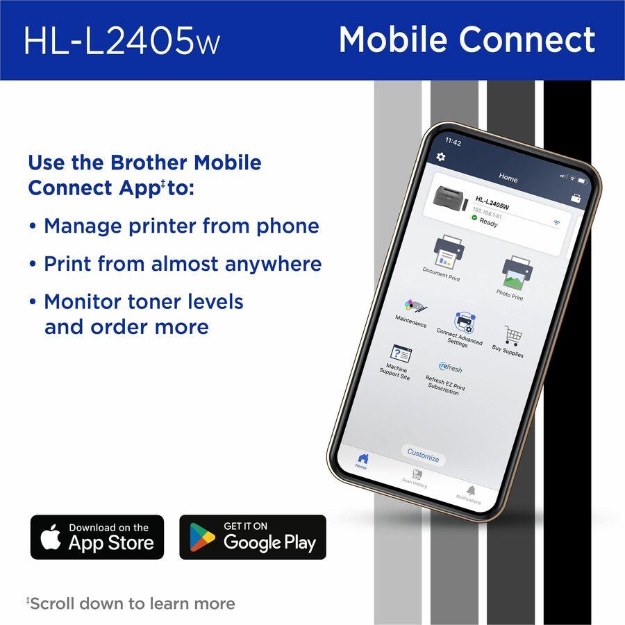 Brother HL HL-L6415DW Desktop Wireless Laser Printer - Monochrome - 52 ppm Mono - 1200 x 1200 dpi Print - Automatic Duplex Print - 620 Sheets Input - Ethernet - Wireless LAN - Brother iPrint&Scan, Apple AirPrint, Mopria - 160000 Pages Duty Cycle - Pl