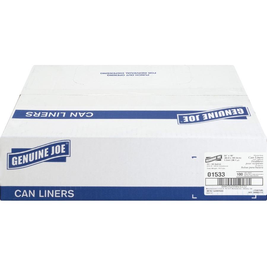 Genuine Joe Heavy-Duty Trash Can Liners - Medium Size - 33 gal Capacity -  33 Width x 40 Length - 1.50 mil (38 Micron) Thickness - Low Density -  Black - 100/Carton - R&A Office Supplies