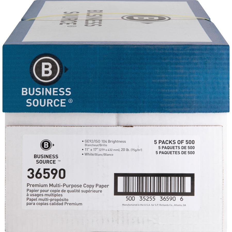 Business Source Premium Multipurpose Copy Paper - 92 Brightness - Letter -  8 1/2 x 11 - 20 lb Basis Weight - 5 / Carton - 2500 Sheets - 500 Sheets  per Ream - 5 Ream per Case - Acid-free - White