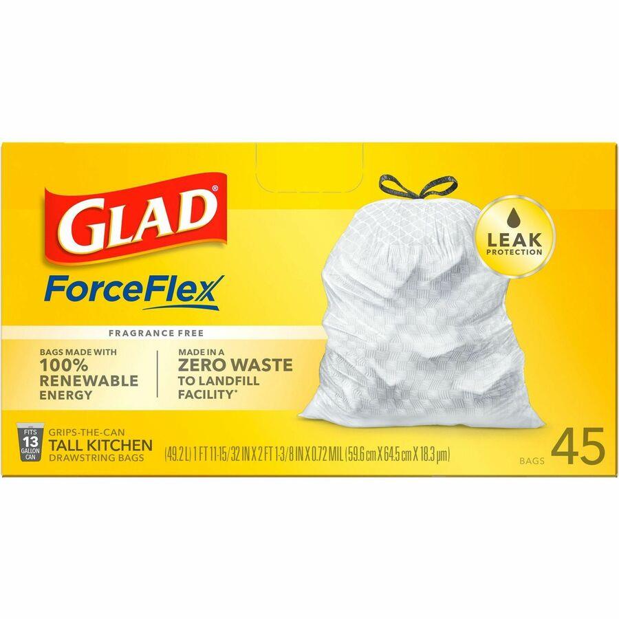 Clorox Glad ForceFlex Tall Kitchen Drawstring Trash Bags, Fresh Clean, 13  gal, 24 x 27.38 Length x 1.05 mil (27 Micron) Thickness, White, 40/Box,  Kitchen, CLO78361