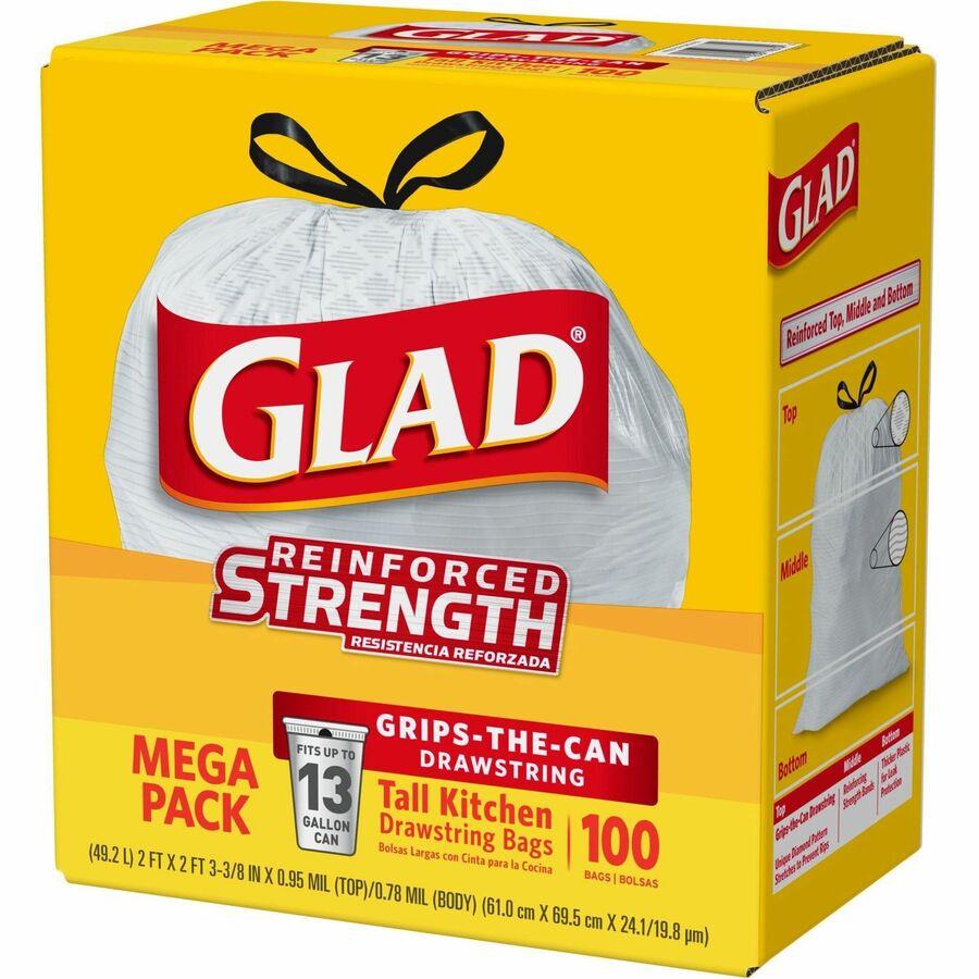 Glad ForceFlex Tall Kitchen Drawstring Trash Bags - 13 gal - 0.78 mil (20  Micron) Thickness - White - 80/Box - 80 Per Box - Garbage, Office, Kitchen  