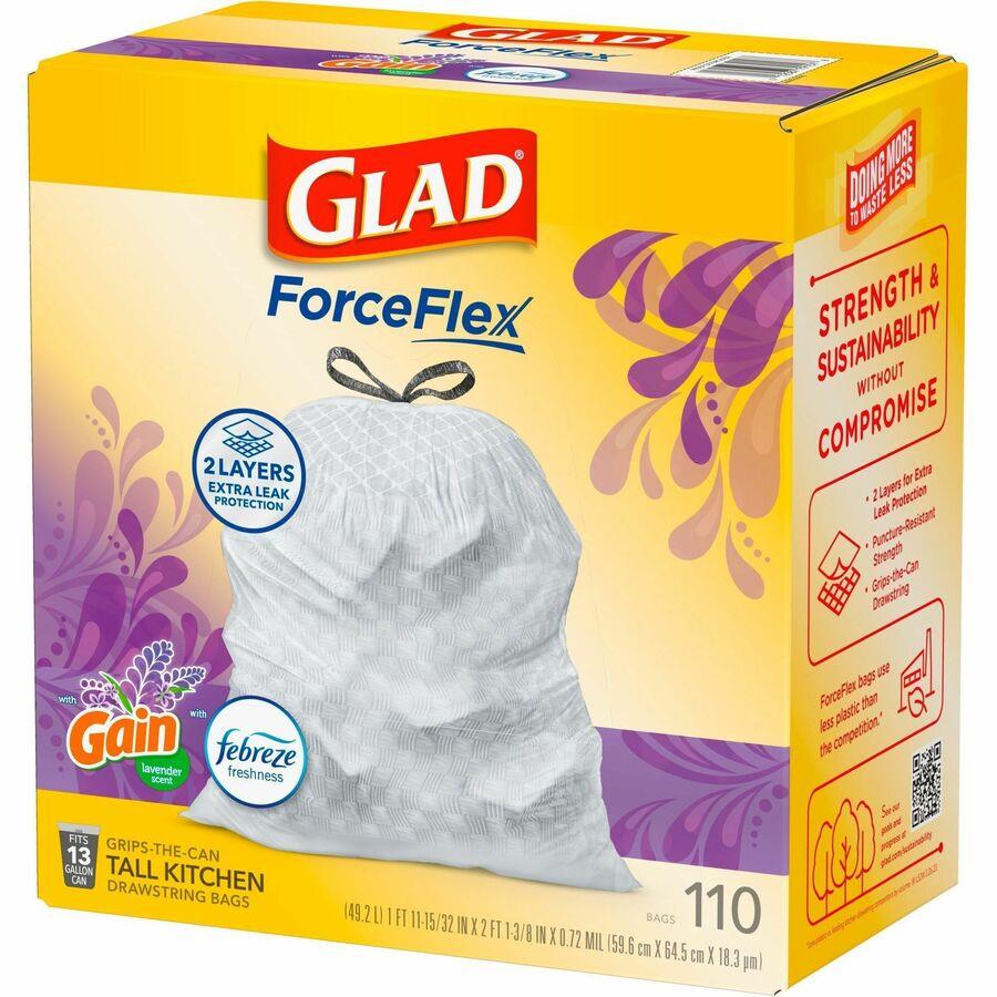 Glad ForceFlex Tall Kitchen Drawstring Trash Bags - Gain Original with  Febreze Freshness - 13 gal Capacity - 25.38 ft Width x 33.75 ft Length -  0.72 mil (18 Micron) Thickness - White - 110/Box - Home, Office, Kitchen,  Breakroom - Filo CleanTech