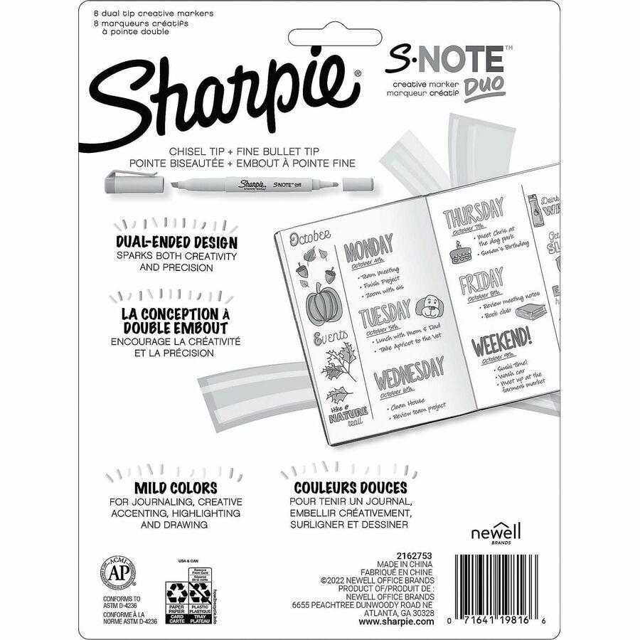 S-Note Creative Markers, Assorted Ink Colors, Bullet/Chisel Tip, White  Barrel, 8/Pack