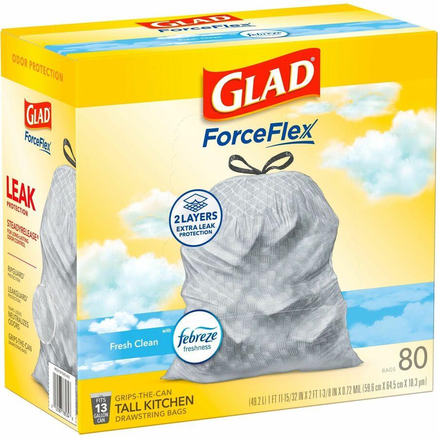 Glad ForceFlex Tall Kitchen Drawstring Trash Bags - 13 gal - 0.78 mil (20  Micron) Thickness - White - 80/Box - 80 Per Box - Garbage, Office, Kitchen  - ICC Business Products