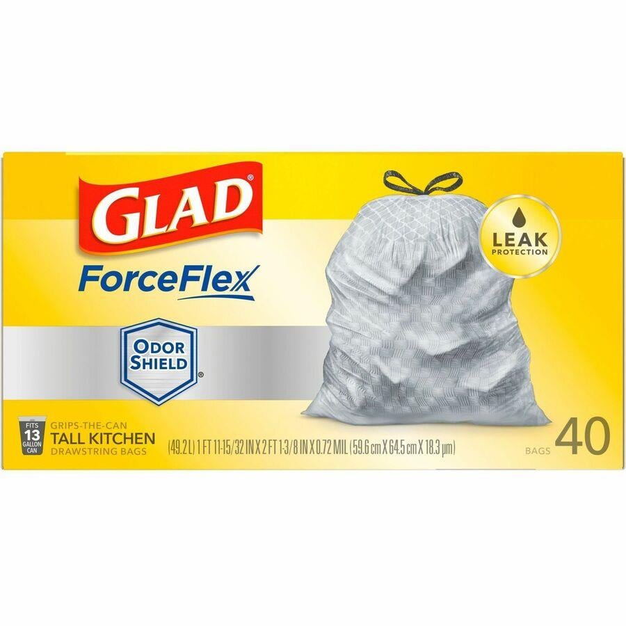 Glad ForceFlex Tall Kitchen Drawstring Trash Bags 13 gal Capacity 24 Width  x 27 Length 1 mil 25 Micron Thickness Drawstring Closure White Plastic  45Box Kitchen School Office Restaurant Breakroom Waste Disposal - Office  Depot