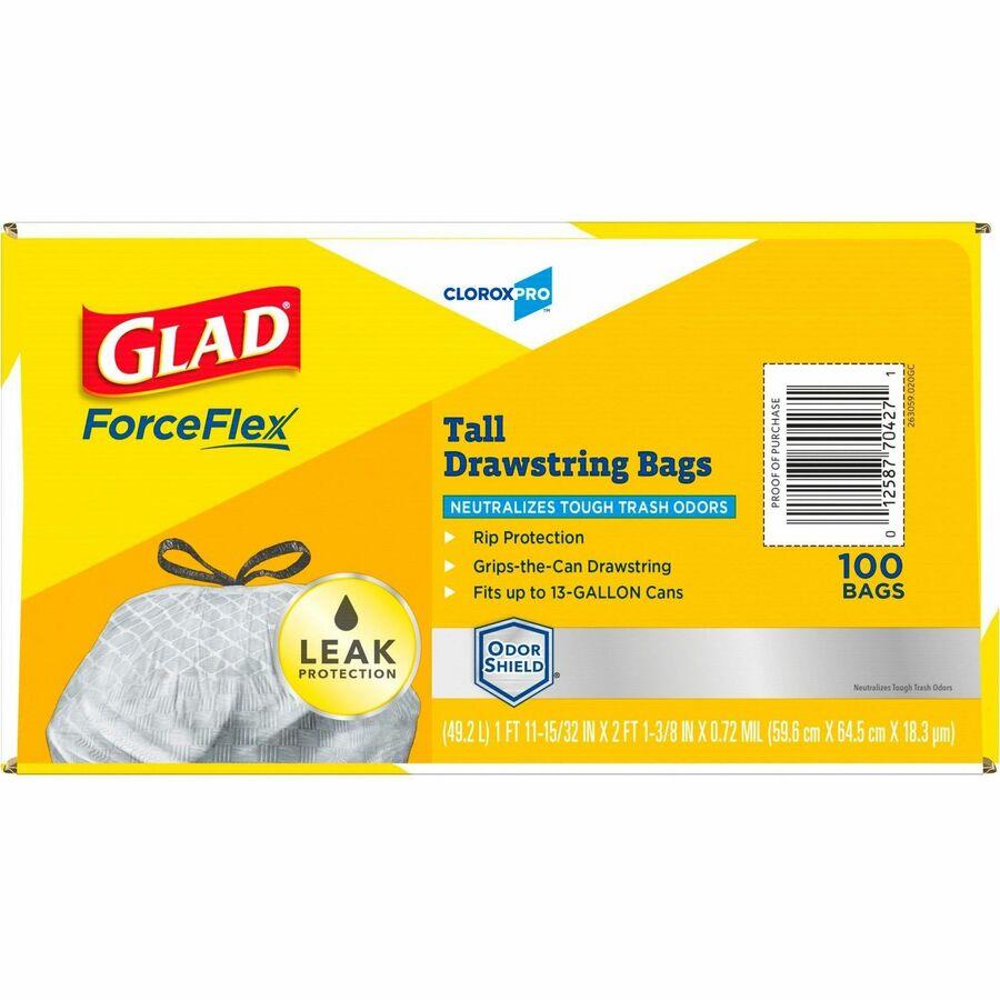 Glad ForceFlex Tall Kitchen Drawstring Trash Bags - OdorShield - 13 gal  Capacity - 23.74 Width x 24.88 Length - 0.72 mil (18 Micron) Thickness -  Gray - 390/Pallet - 40 Per