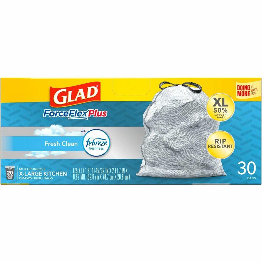 Glad ForceFlex Tall Kitchen Drawstring Trash Bags - Fresh Clean with  Febreze Freshness - 13 gal Capacity - 0.78 mil (20 Micron) Thickness -  White - 3/Carton - 80 Per Box - Kitchen, Home, Office, Garbage, Breakroom,  Cafeteria, School, Restaurant